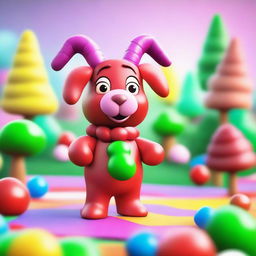 Create an image of Pilgor, the goat from Goat Simulator, dressed as a gummy bear in a whimsical candyland setting