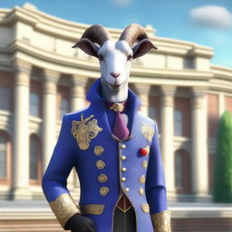 Create an image of Pilgor, the goat from Goat Simulator, dressed as a royal agent