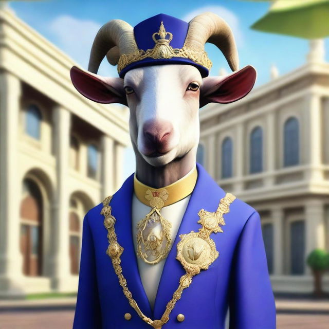 Create an image of Pilgor, the goat from Goat Simulator, dressed as a royal agent