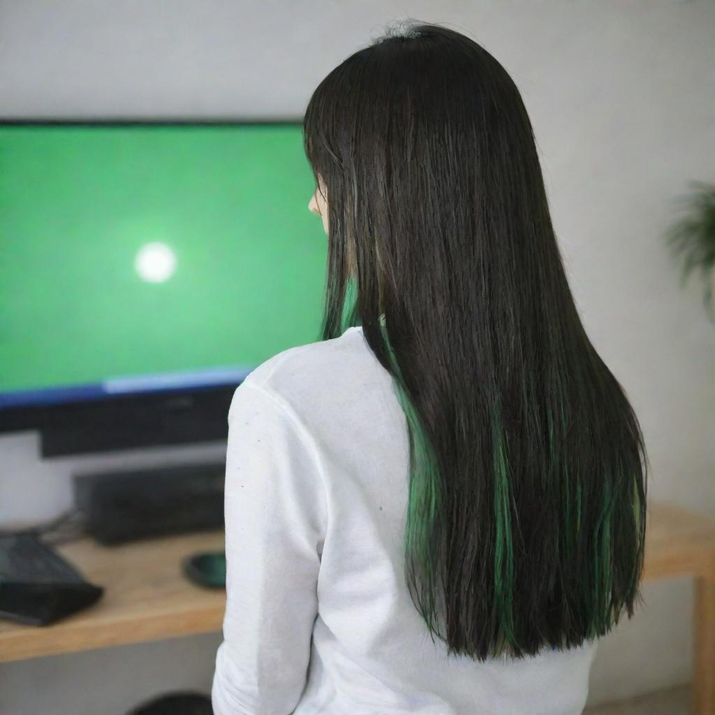 casual photograpy by kodak from the back, female , 23 year old with green eyes and black long hai with withe streaks in the bangs, ocational clothes.,freckles, playing video games, medium distance shot, high detailed, 4k hd,  --styerw--v 5.2 ar 2-3