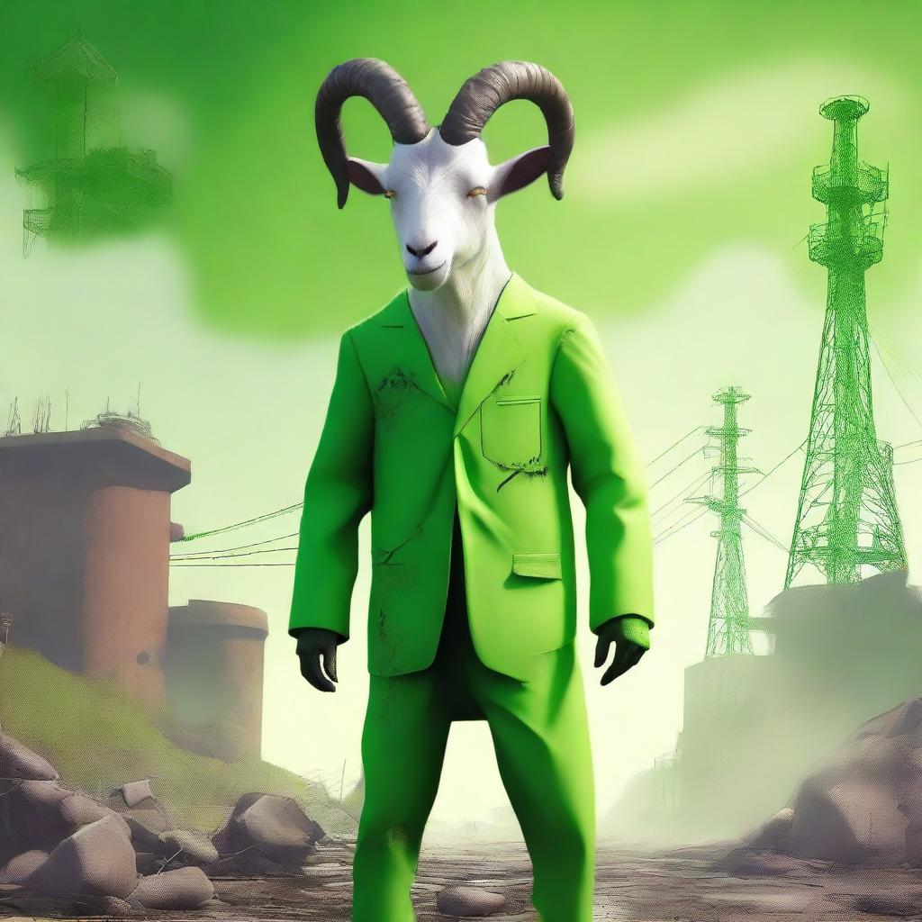 Create an image of Pilgor, the goat from the Goat Simulator game, dressed in a toxic suit