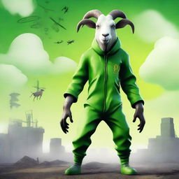 Create an image of Pilgor, the goat from the Goat Simulator game, dressed in a toxic suit