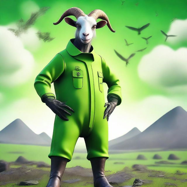 Create an image of Pilgor, the goat from the Goat Simulator game, dressed in a toxic suit