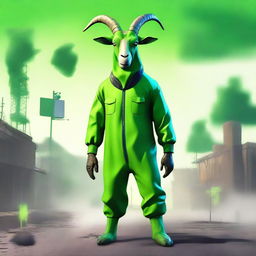 Create an image of Pilgor, the goat from the Goat Simulator game, dressed in a toxic suit