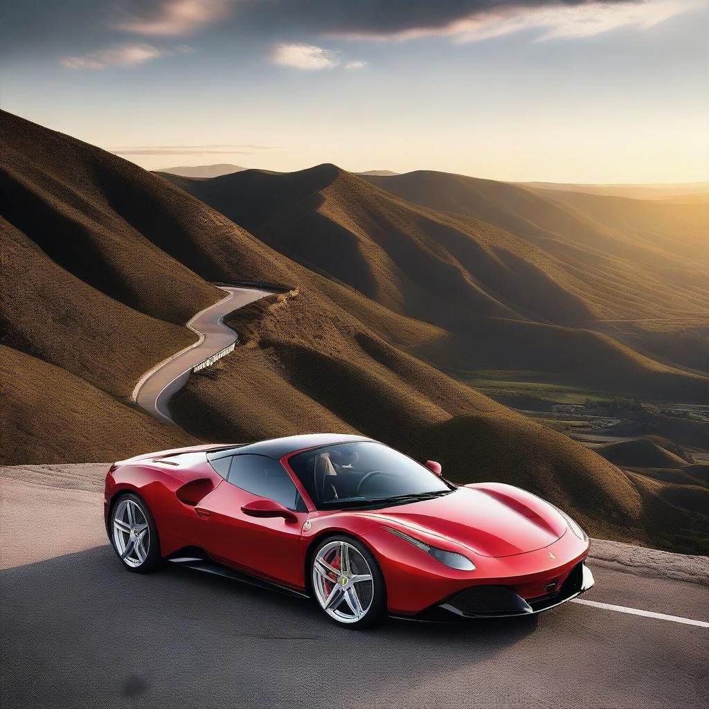 A high-resolution image of a sleek, red Ferrari sports car parked on a scenic mountain road with a beautiful sunset in the background