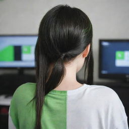 casual photograpy by kodak from the back, female , 23 year old with green eyes and black long hai with withe streaks in the bangs, ocational clothes.,freckles, playing video games, medium distance shot, high detailed, 4k hd,  --styerw--v 5.2 ar 2-3