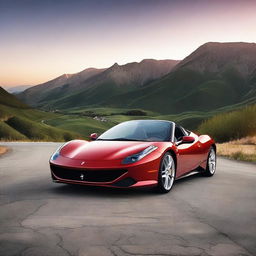 A high-resolution image of a sleek, red Ferrari sports car parked on a scenic mountain road with a beautiful sunset in the background