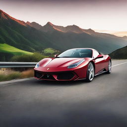 A high-resolution image of a sleek, red Ferrari sports car parked on a scenic mountain road with a beautiful sunset in the background