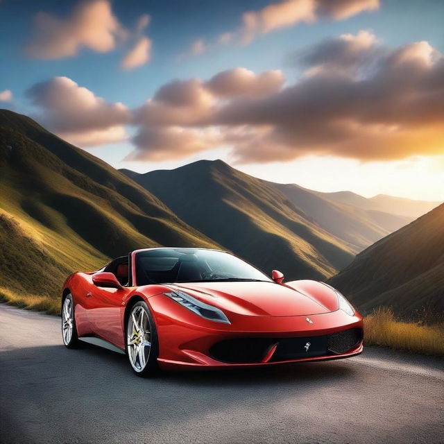 A high-resolution image of a sleek, red Ferrari sports car parked on a scenic mountain road with a beautiful sunset in the background