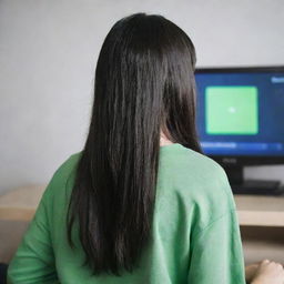 casual photograpy by kodak from the back, female , 23 year old with green eyes and black long hai with withe streaks in the bangs, ocational clothes.,freckles, playing video games, medium distance shot, high detailed, 4k hd,  --styerw--v 5.2 ar 2-3