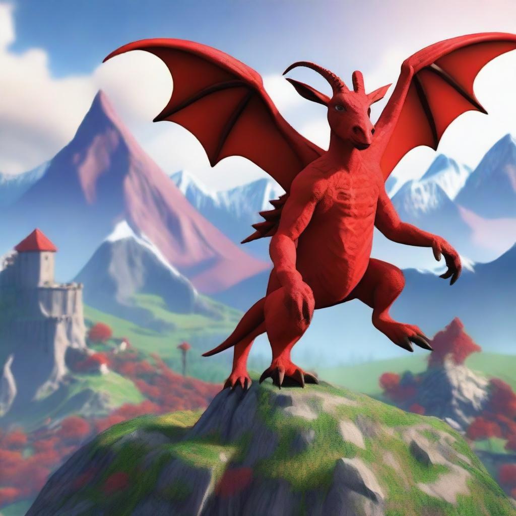 Create an image of Pilgor, the famous goat from Goat Simulator, dressed as a red dragon