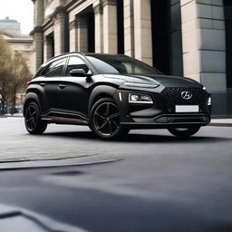 A Hyundai Kona N Sport in matte black finish with black alloys and a performance spoiler