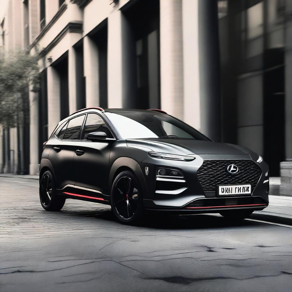 A Hyundai Kona N Sport in matte black finish with black alloys and a performance spoiler