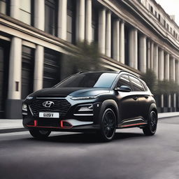 A Hyundai Kona N Sport in matte black finish with black alloys and a performance spoiler