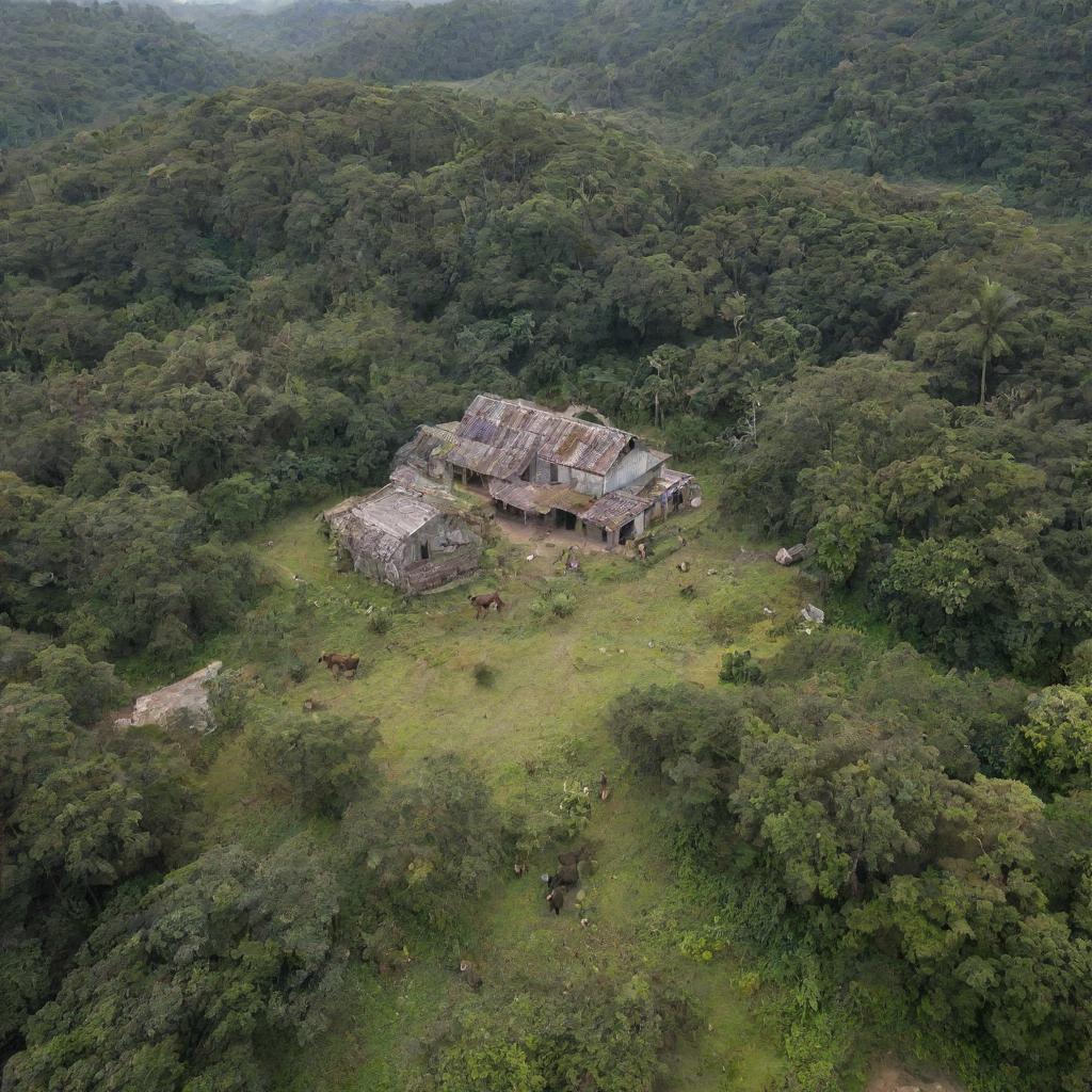 An aerial view of a large farmhouse, with bandits on horseback retreating into the adjacent jungle. Around the farmhouse, the tragic remnants of a recent robbery lie in stark contrast with the peaceful natural scene.