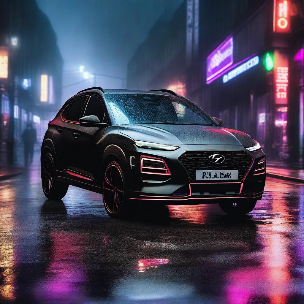 A Hyundai Kona N Sport in matte black with black alloys and a performance spoiler