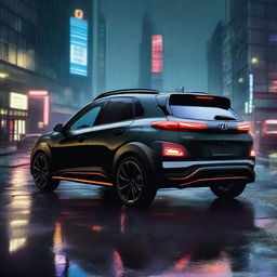 A Hyundai Kona N Sport in matte black with black alloys and a performance spoiler