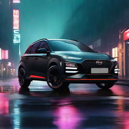 A Hyundai Kona N Sport in matte black with black alloys and a performance spoiler