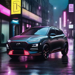 A Hyundai Kona N Sport in matte black with black alloys and a performance spoiler