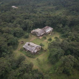 An aerial view of a large farmhouse, with bandits on horseback retreating into the adjacent jungle. Around the farmhouse, the tragic remnants of a recent robbery lie in stark contrast with the peaceful natural scene.