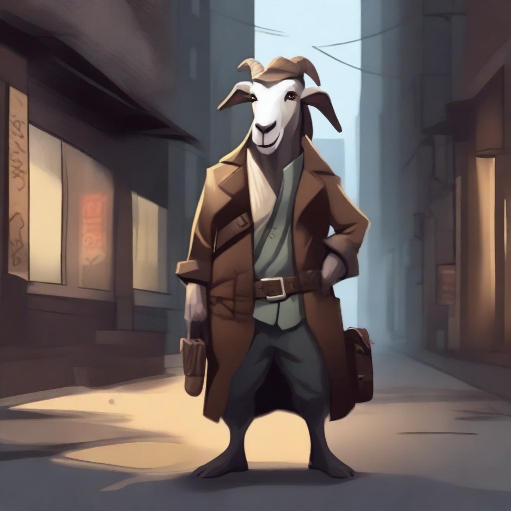 Create an image of Pilgor the goat dressed as a smuggler