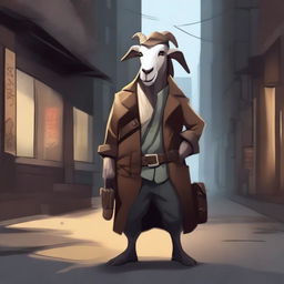 Create an image of Pilgor the goat dressed as a smuggler