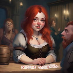 A dwarf girl with a red beard and hair, depicted as a cheat and a liar