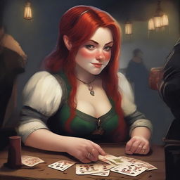 A dwarf girl with a red beard and hair, depicted as a cheat and a liar