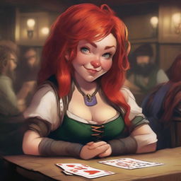 A dwarf girl with a red beard and hair, depicted as a cheat and a liar