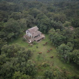 An aerial view of a large farmhouse, with bandits on horseback retreating into the adjacent jungle. Around the farmhouse, the tragic remnants of a recent robbery lie in stark contrast with the peaceful natural scene.