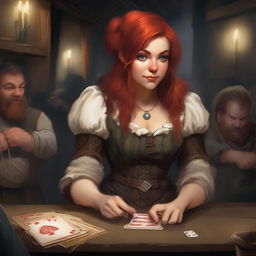 A dwarf girl with a red beard and hair, depicted as a cheat and a liar