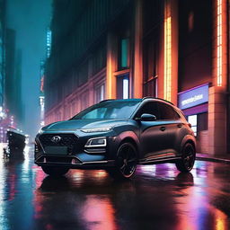 A Hyundai Kona N Sport in matte black with black alloys and a performance spoiler