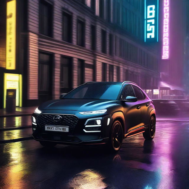 A Hyundai Kona N Sport in matte black with black alloys and a performance spoiler