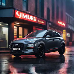 A Hyundai Kona N Sport in matte black with black alloys and a performance spoiler