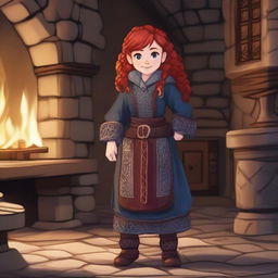 A dwarf girl with a red beard and red hair, standing confidently