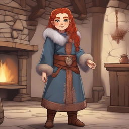 A dwarf girl with a red beard and red hair, standing confidently