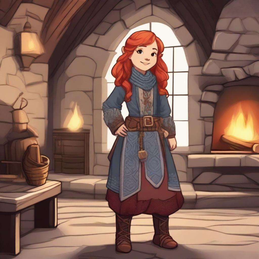 A dwarf girl with a red beard and red hair, standing confidently