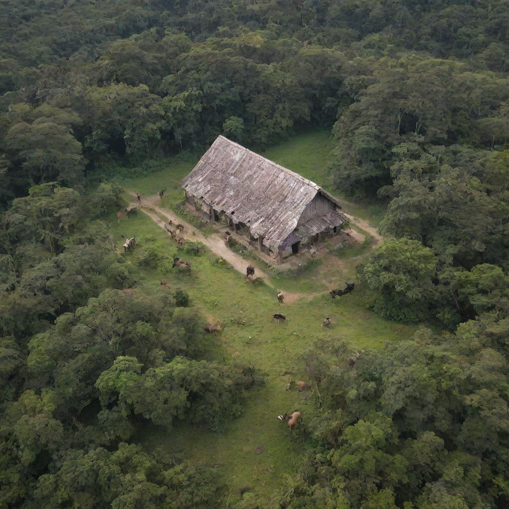 An aerial view of a large farmhouse, with bandits on horseback retreating into the adjacent jungle. Around the farmhouse, the tragic remnants of a recent robbery lie in stark contrast with the peaceful natural scene.