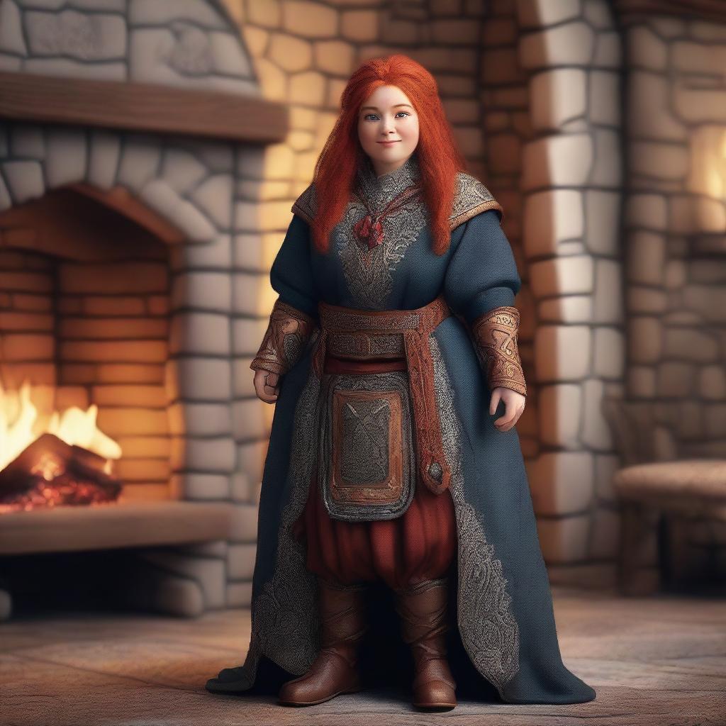 A female dwarf with a red beard and red hair, standing confidently