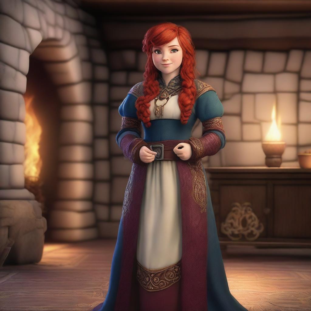 A female dwarf with a red beard and red hair, standing confidently