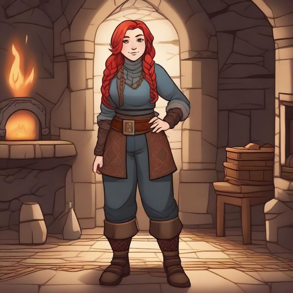 A bearded dwarf woman with red hair, confidently standing and wearing trousers