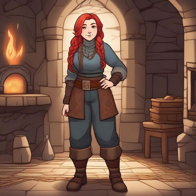 A bearded dwarf woman with red hair, confidently standing and wearing trousers