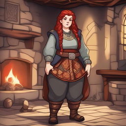 A bearded dwarf woman with red hair, confidently standing and wearing trousers