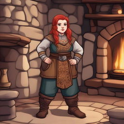 A bearded dwarf woman with red hair, confidently standing and wearing trousers