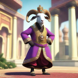 Create an image of Pilgor, the famous goat from Goat Simulator, dressed in an elaborate sultan's outfit