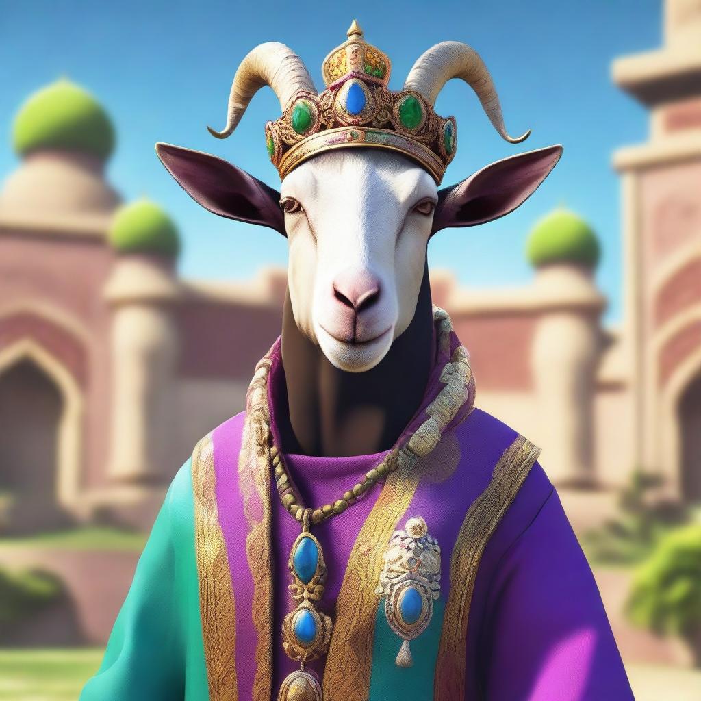 Create an image of Pilgor, the famous goat from Goat Simulator, dressed in an elaborate sultan's outfit