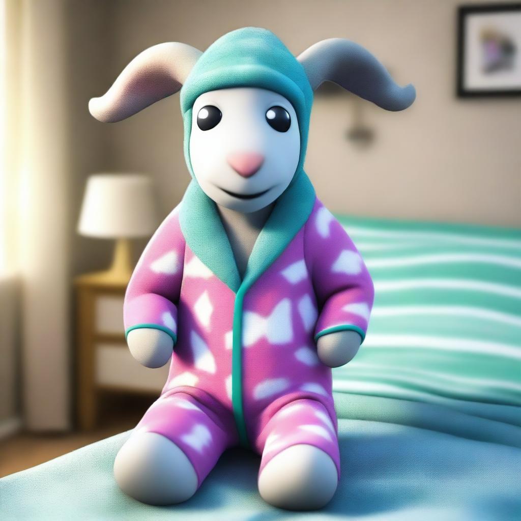 Create an image of Pillgor, the goat from the Goat Simulator game, dressed in cozy, sleepy pajamas, complete with a nightcap and slippers