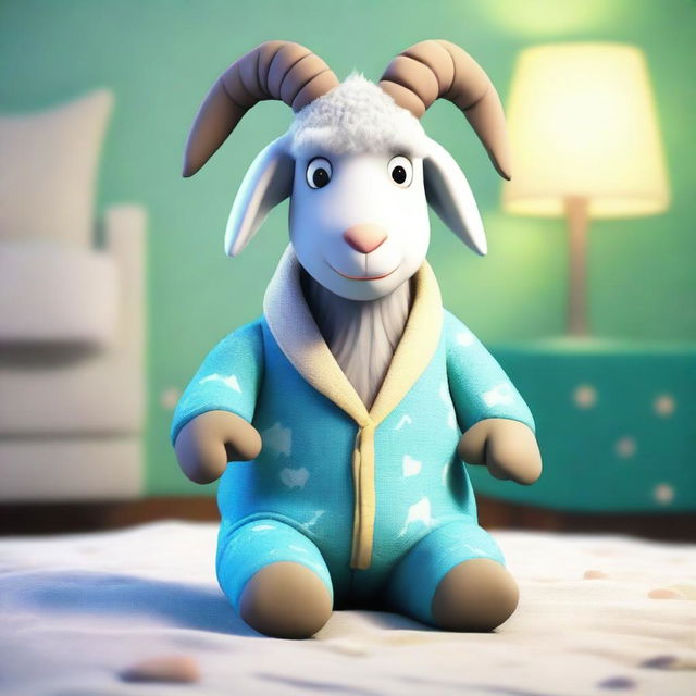 Create an image of Pillgor, the goat from the Goat Simulator game, dressed in cozy, sleepy pajamas, complete with a nightcap and slippers