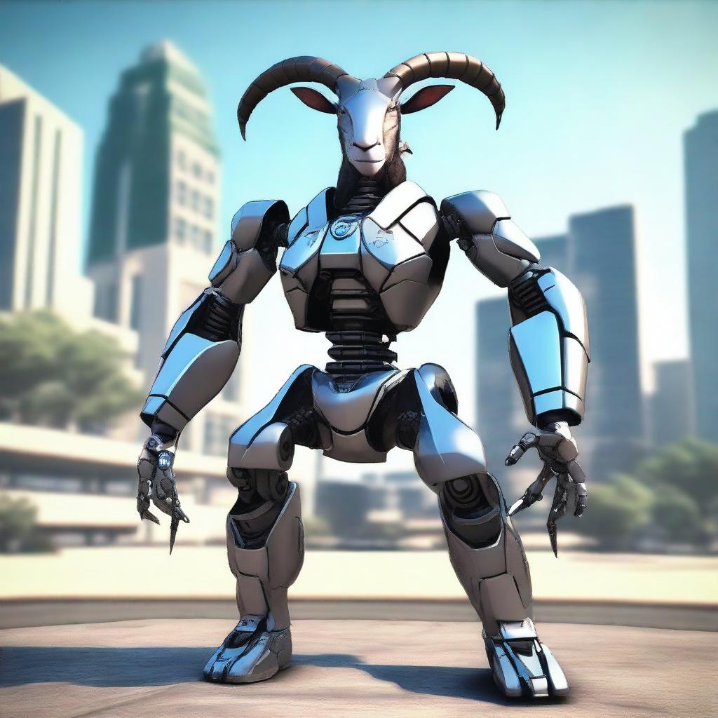 Create an image of Pilgor, the iconic goat from the Goat Simulator game, dressed in a futuristic mecha suit