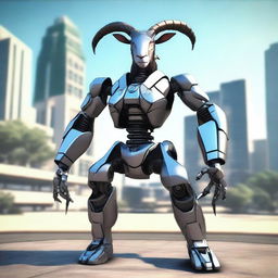 Create an image of Pilgor, the iconic goat from the Goat Simulator game, dressed in a futuristic mecha suit